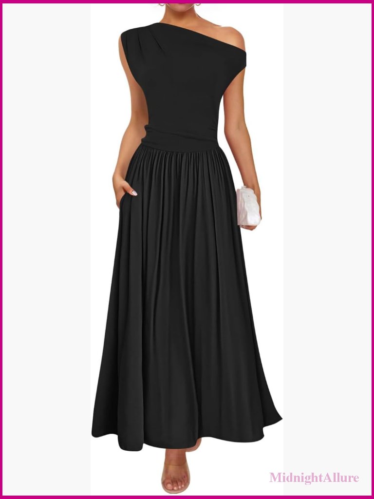 One Shoulder Sleeveless Maxi Dress With Pockets, Swing A-Line Pleated Formal